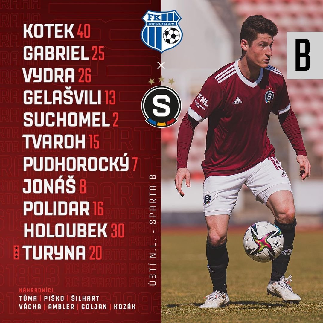 ?️ SESTAVA | B-tým nastoupí za hodinu v Ústí nad Labem v tomto složení:

? Kotek - Gabriel, Vydra, Gelašvili, Suchomel - Tvaroh, Pudhorocký, Jonáš, Polidar, Holoubek - Turyna. #acspartaB